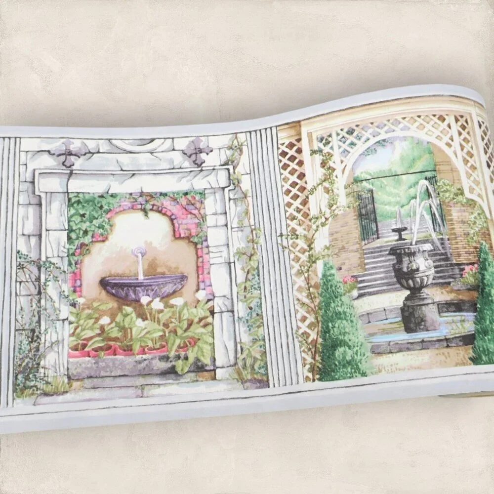 Vintage Border Paper Wallpaper Fountains Landscape Scenes Cottagecore Lot 20 yds